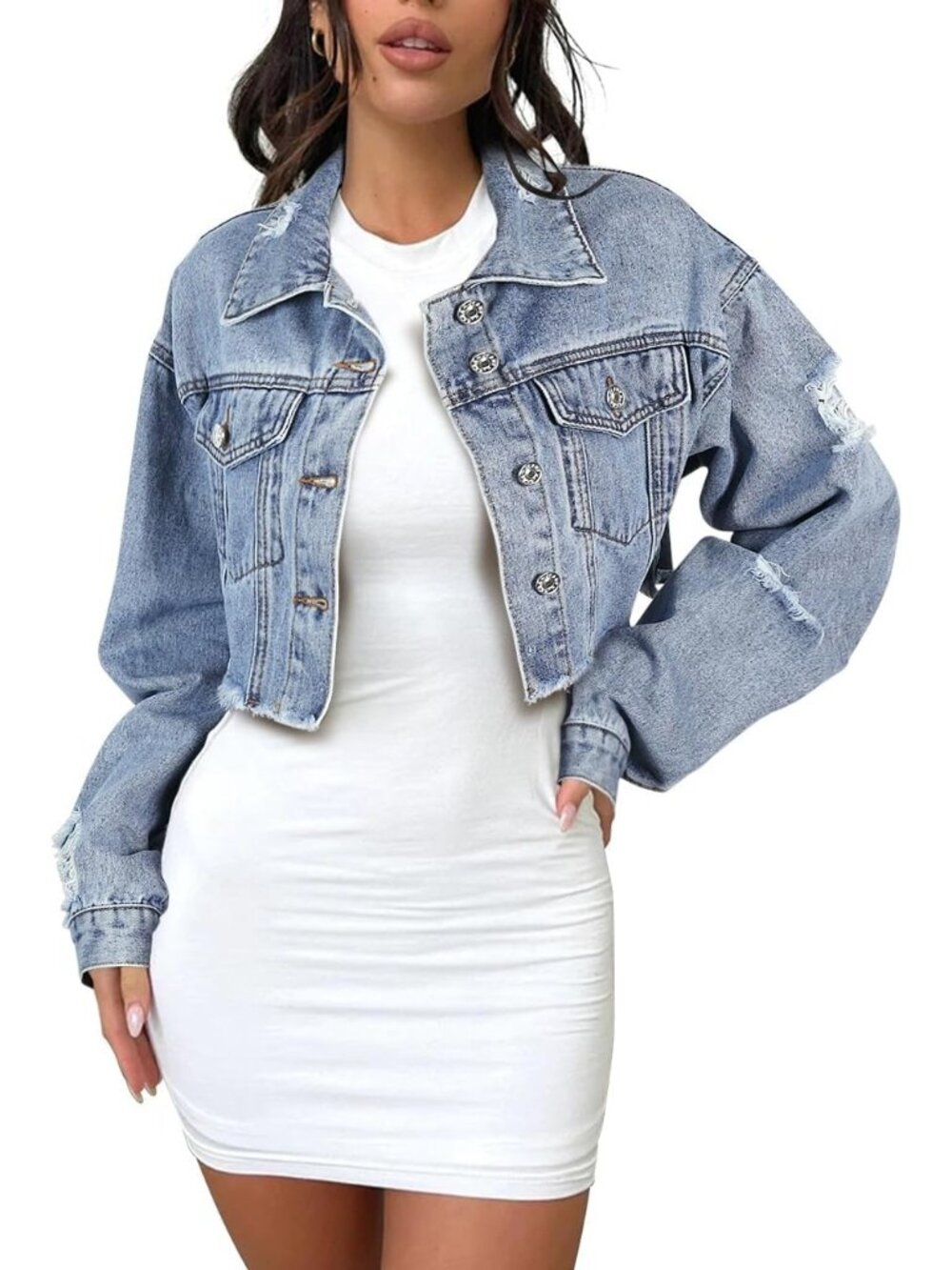 Women's Blue Cropped Jean Jacket Dressy Fashion Outfit Frayed Hem Denim Jacket